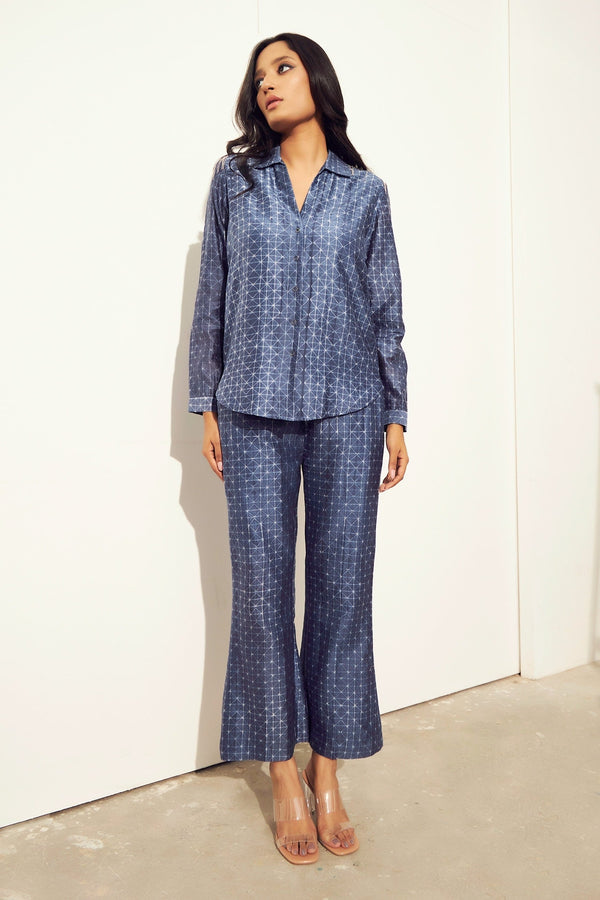 Blue Chanderi Cotton Silk Tie And Dye Shibori Shirt Pattern & Pant Set