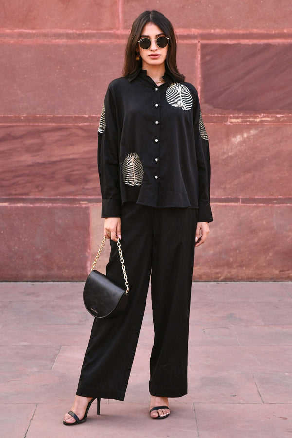 Black 100% Cotton Hand Embroidered Zari Collared Neck Shirt And Pant Set