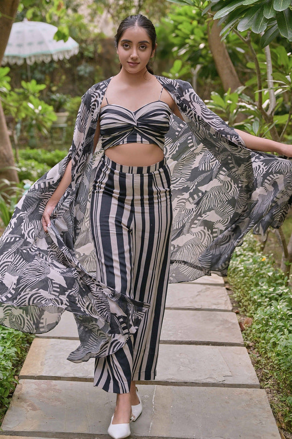 Black Texture Crape Printed Zebra Blouse Sweetheart Shrug And Palazzo Set