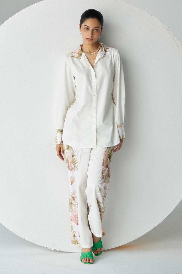 White Viscos Crepe Print Palm Trees Collared Historical Autumn Shirt With Pant