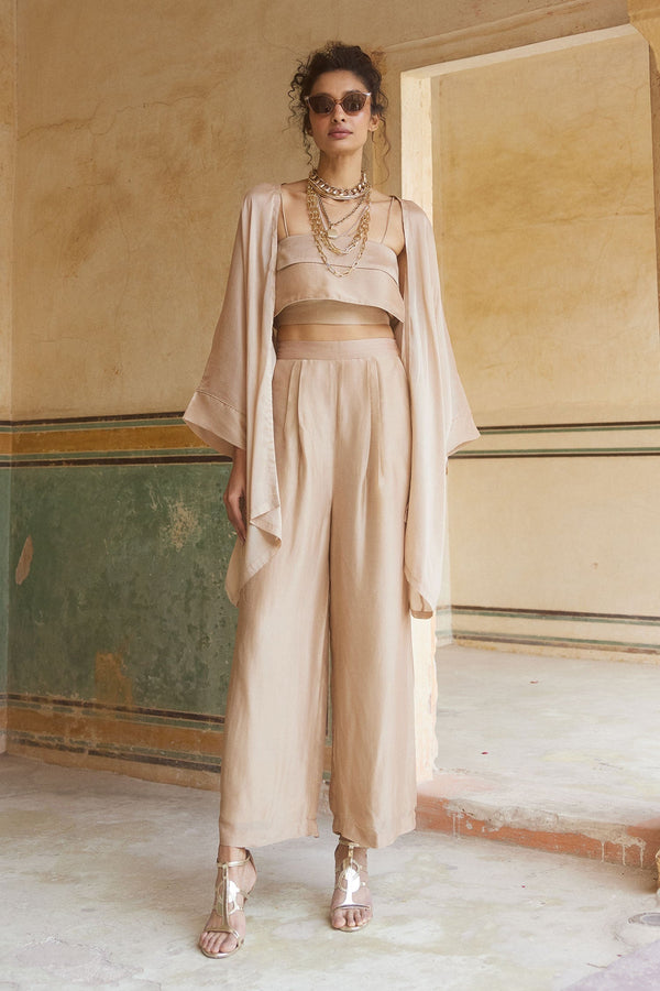 Pink Silk Organza Plain Blouse Square Neck Jacket And Trouser Set