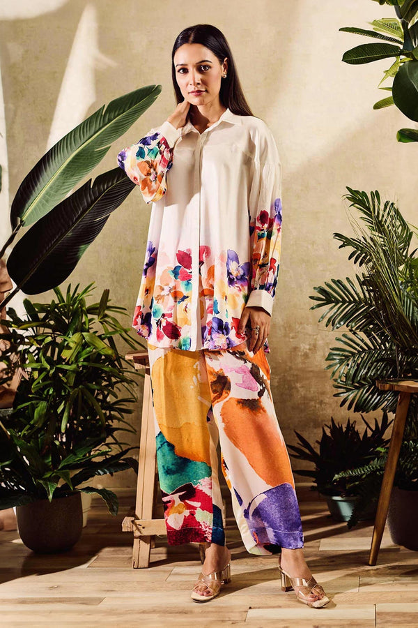 Off White Cupro Satin Print Floral Collared Neck Shirt With Pant