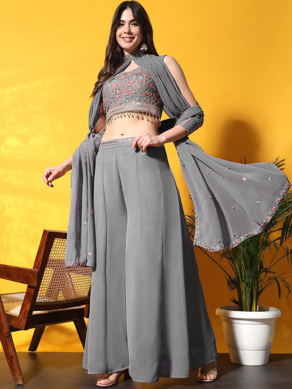 Embroidered Top Cape With Palazzo Co-Ords